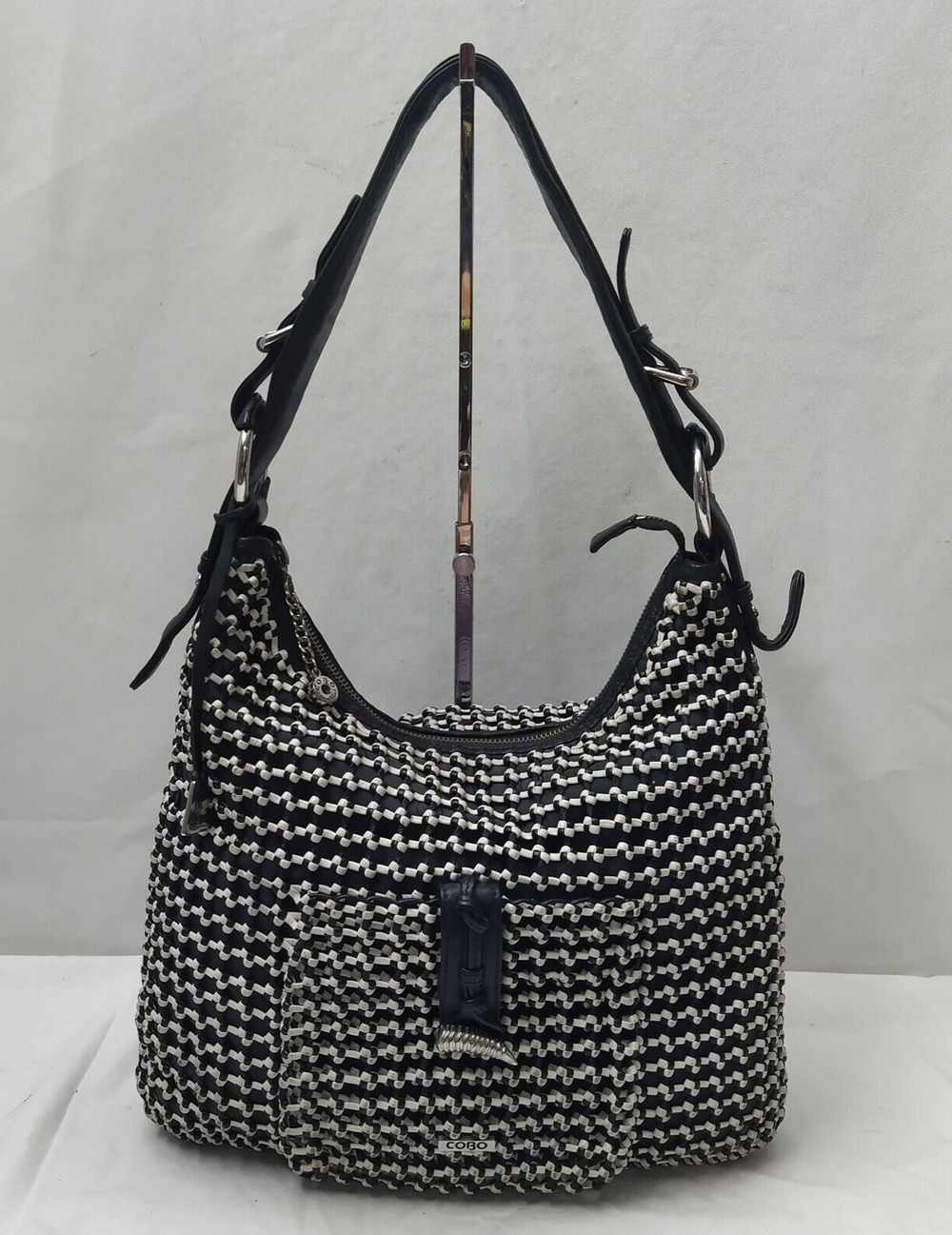 COBO International Black Nylon Mesh Woven Front Pocket Zipper Hobo Shoulder Bag
